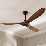 A transitional living room with the Egret Ceiling Fan 70", Walnut Wood and Matte Black mounted to a white ceiling above beige textured wallpaper.