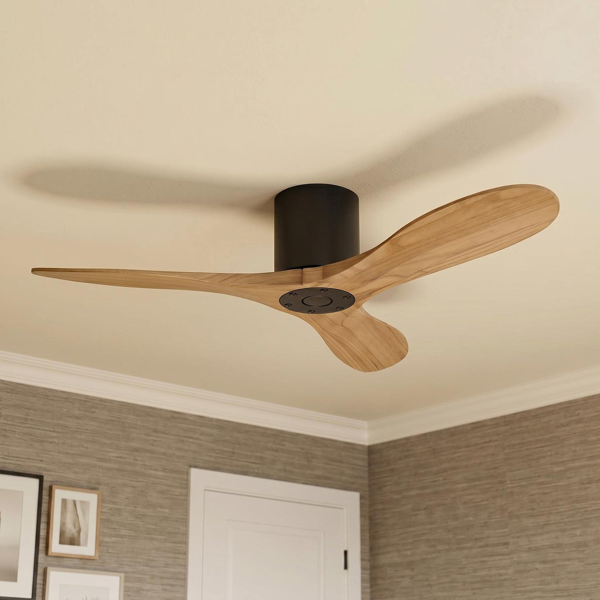 A mid-century bedroom featuring an Eider Ceiling Fan with natural oak blades and matte black motor housing mounted in the ceiling center above textured gray grasscloth wallpaper.