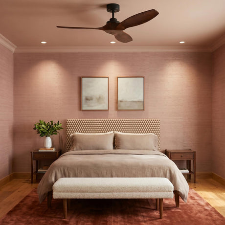 A contemporary bedroom with the Heron Smart Ceiling Fan 52", Walnut Wood and Matte Black on the ceiling center above a geometric headboard and pink grasscloth wallpaper.