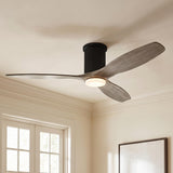 A contemporary living room featuring the Harrier LED Smart Ceiling Fan with gray wash oak blades and aged pewter finish installed along a standard ceiling with crown molding.