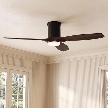 A transitional living room featuring a Harrier LED Smart Ceiling Fan 52" with walnut wood blades and matte black finish mounted above beige striped wallpaper and French doors.