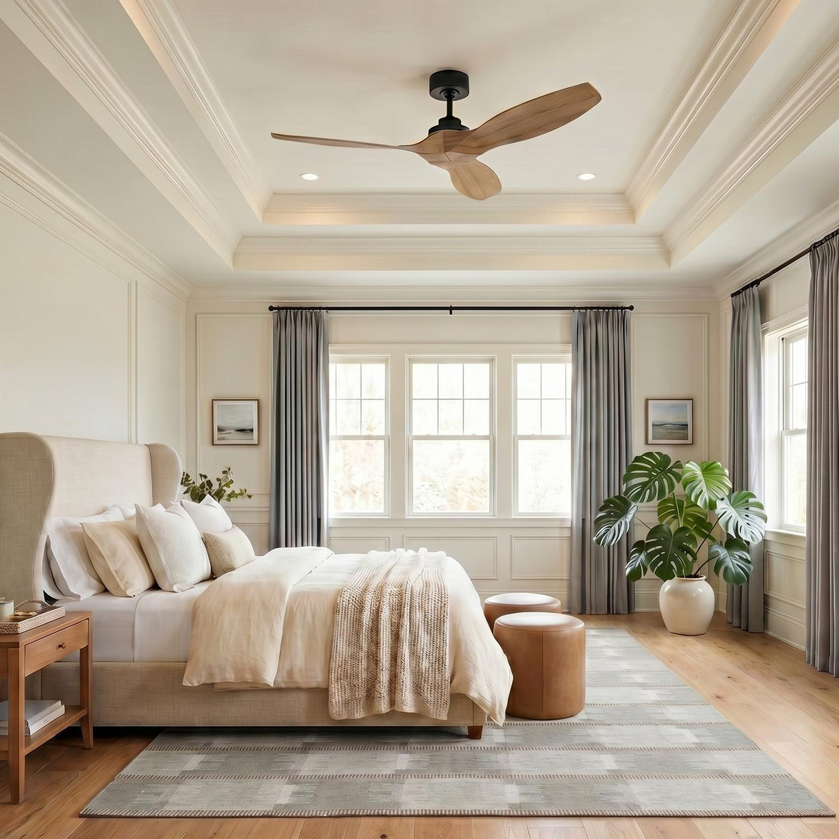 A transitional bedroom featuring the Heron Smart Ceiling Fan 52", Natural Oak and Matte Black mounted to a coffered ceiling center above a beige wingback bed.