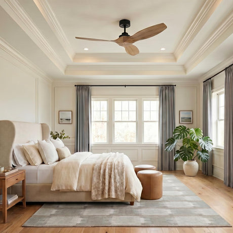 A transitional bedroom featuring the Heron Smart Ceiling Fan 52", Natural Oak and Matte Black mounted to a coffered ceiling center above a beige wingback bed.