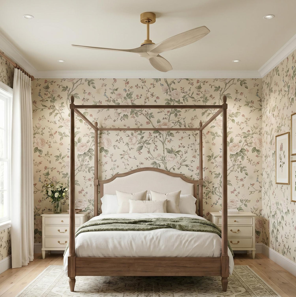 A traditional bedroom with the Heron Smart Ceiling Fan 60", Whitewash Oak and Modern Brass, mounted over a wood four-poster bed and floral wallpaper.