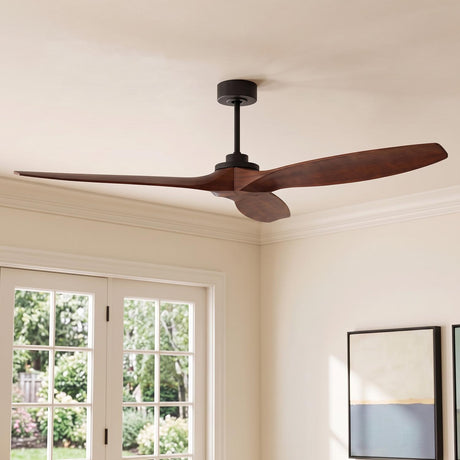 A contemporary living room with the Heron Smart Ceiling Fan 70", Walnut Wood and Matte Black along the ceiling center near a French door and abstract art.