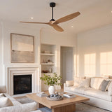 A contemporary living room with the Heron Smart Ceiling Fan 70" featuring natural oak blades and matte black finish centered over a wood coffee table near the fireplace.