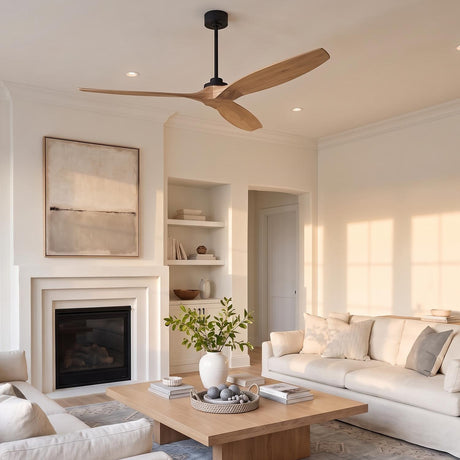 A contemporary living room with the Heron Smart Ceiling Fan 70" featuring natural oak blades and matte black finish centered over a wood coffee table near the fireplace.