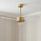A modern living room with the Willet Smart Ceiling Fan 52 inch in modern brass and matte white mounted on the ceiling against striped wallpaper.