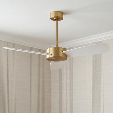 A modern living room with the Willet Smart Ceiling Fan 52 inch in modern brass and matte white mounted on the ceiling against striped wallpaper.