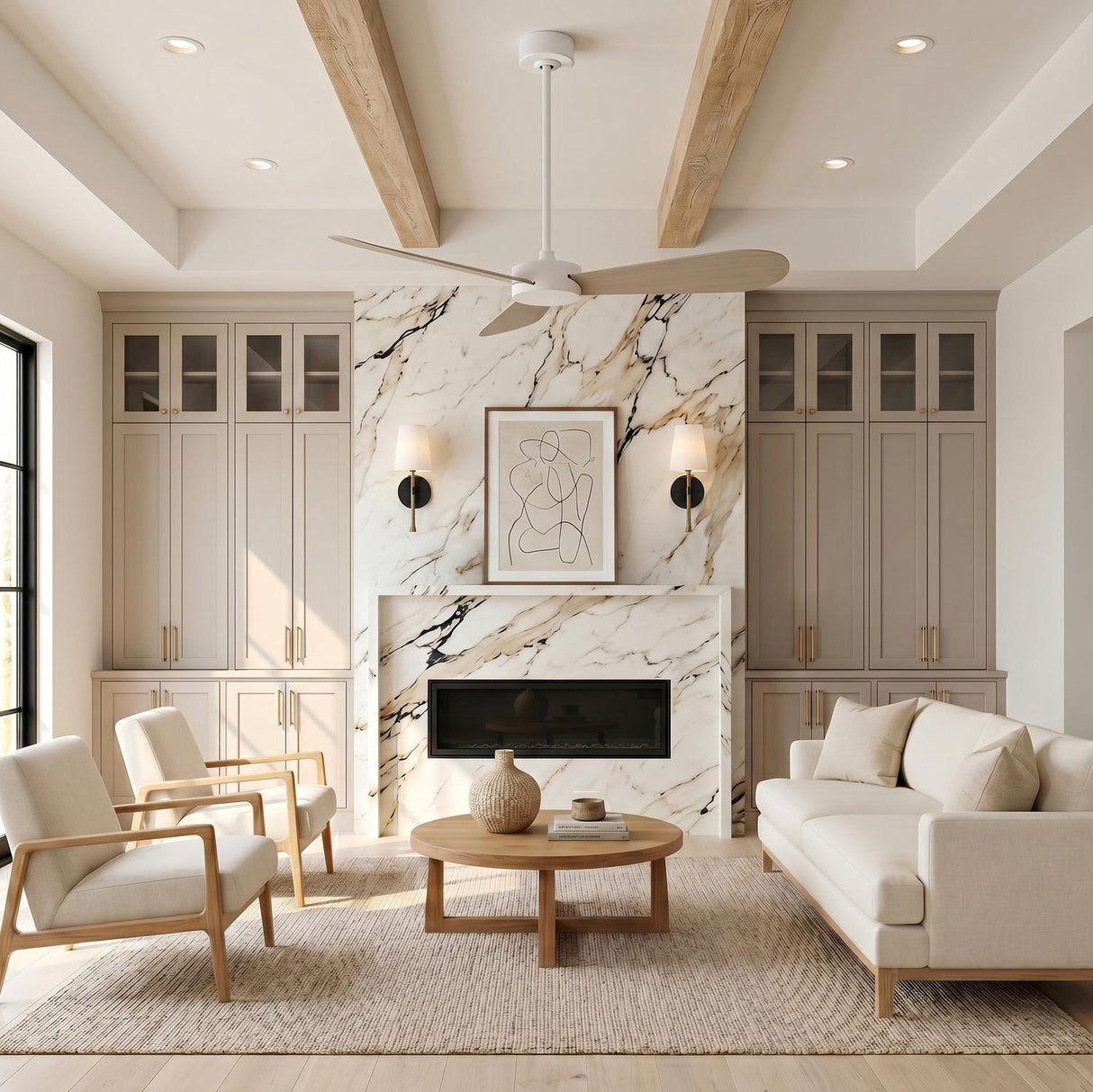 A modern farmhouse living room with a Willet Smart Ceiling Fan 52", Matte White and Bleached Oak mounted to a beamed ceiling over a marble fireplace.