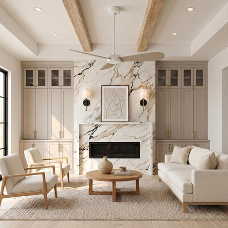A modern farmhouse living room with a Willet Smart Ceiling Fan 52", Matte White and Bleached Oak mounted to a beamed ceiling over a marble fireplace.