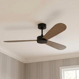 A transitional living room featuring the Willet Smart Ceiling Fan in matte black and natural oak mounted to the ceiling center against pinstriped wallpaper and crown molding.
