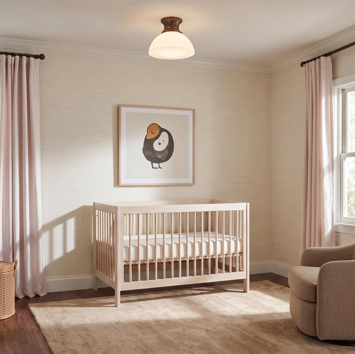 A transitional bedroom featuring a Lennox Medium Semi-Flush 16 inch Vintage Bronze and Milk Glass fixture above a light wood crib and pink curtains.
