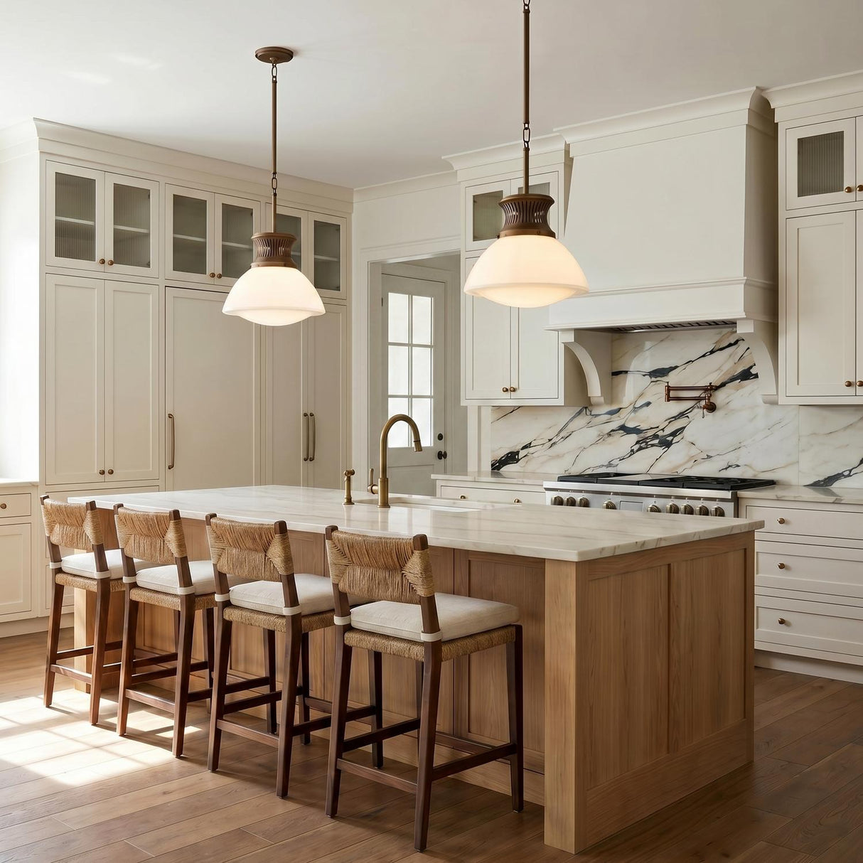 A transitional kitchen with two vintage bronze and milk glass pendants over a marble-topped wood island featuring four woven barstools and a dramatic marble backsplash.