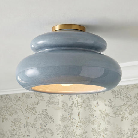 A transitional foyer with an Ellsworth Semi-Flush 16 inch Blue Crackle Ceramic and Aged Brass fixture on the ceiling above botanical patterned wallpaper.