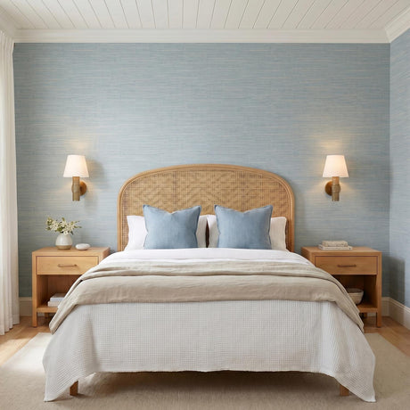 A coastal bedroom featuring two Hargrove Wall Sconces in patina brass and grasscloth flanking a rattan headboard against blue wallpaper and a white shiplap ceiling.