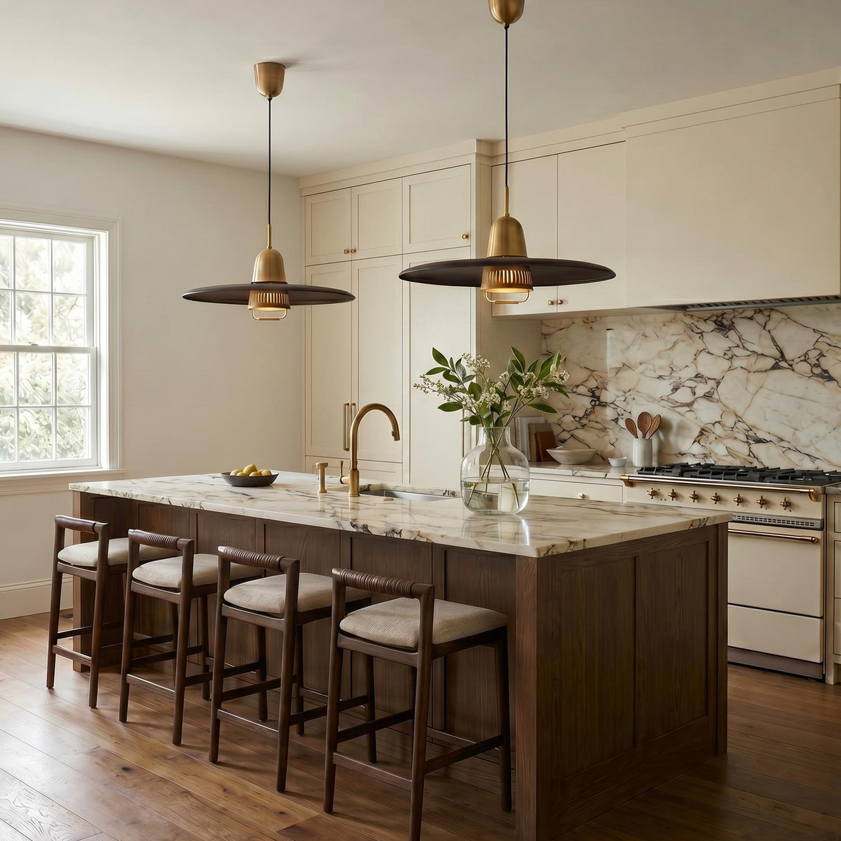 A transitional kitchen with two bronze and patina brass saucer pendants over a marble-topped walnut island with dark wood barstools and creme shaker cabinets.