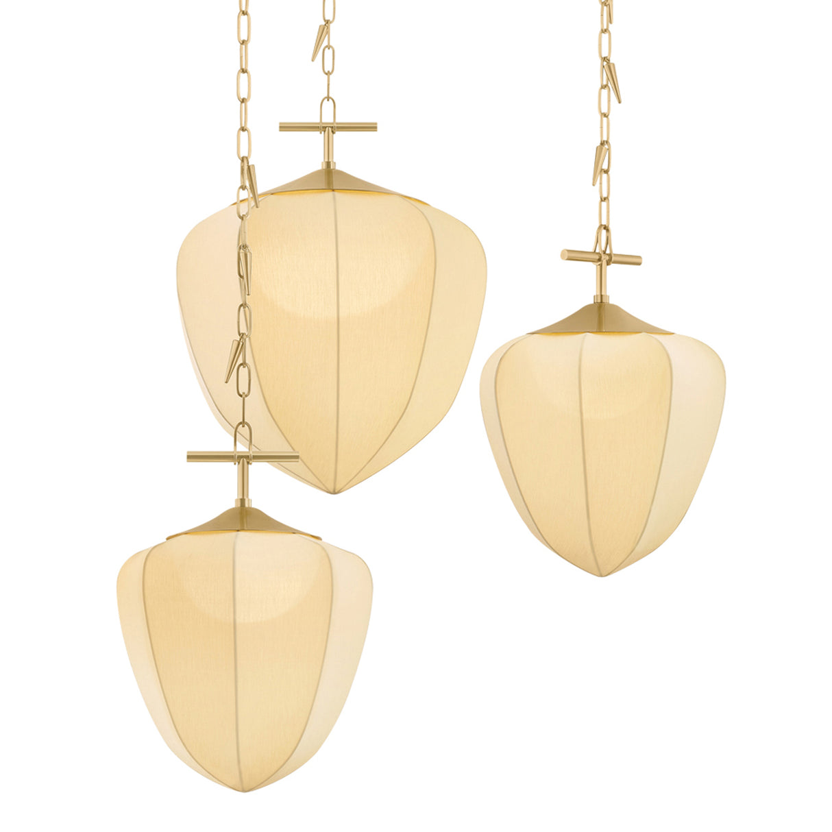 Chiya 3 Light Chandelier 44", Vintage Brass and White Silk