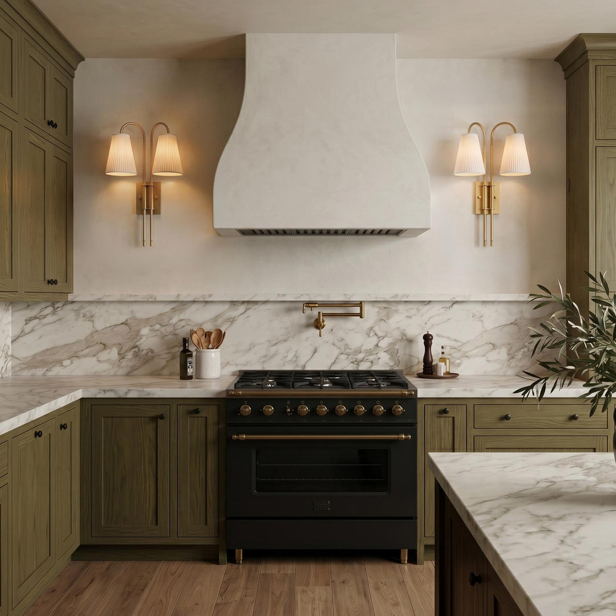 A transitional kitchen with the Wynn Double Wall Sconce 24", Vintage Brass with pleated shades flanking a white range hood above a marble backsplash and green cabinets.