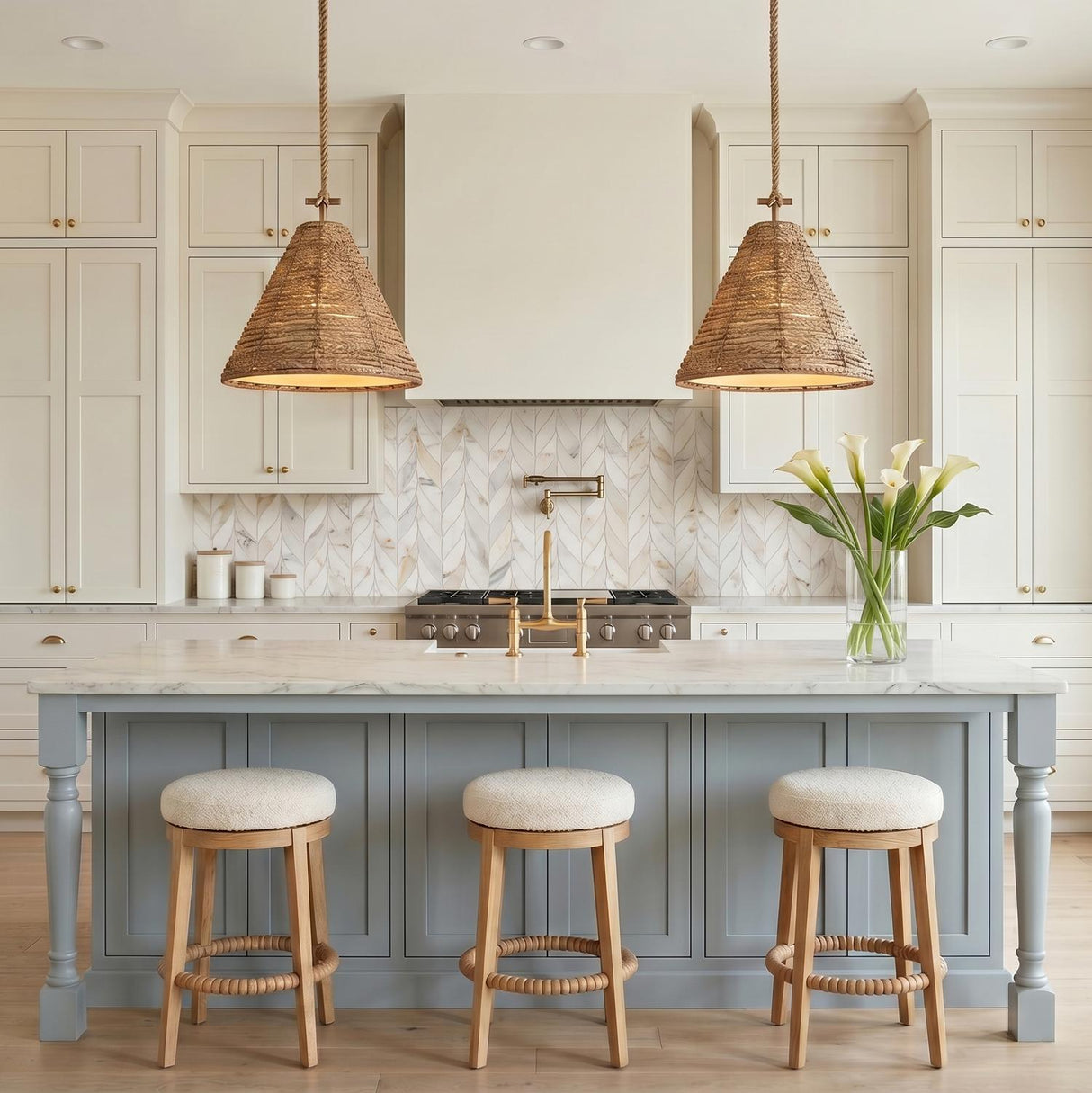 A farmhouse kitchen with two braided jute and patina brass pendants over a white marble island featuring blue shaker cabinetry and a chevron marble tile backsplash.