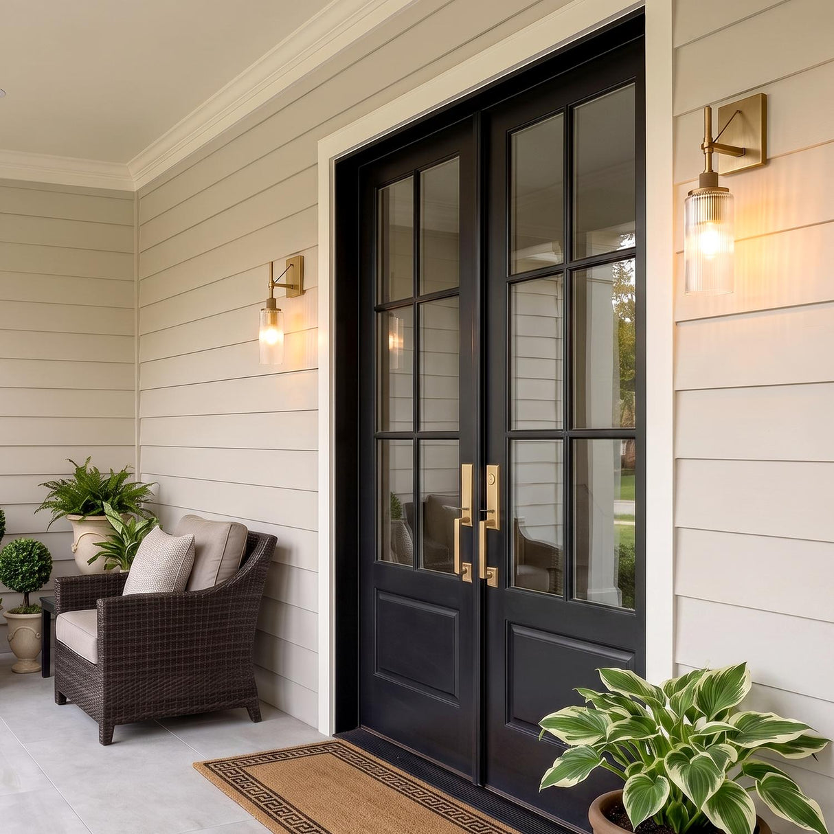 A modern farmhouse porch featuring the Webster Outdoor Wall Light in patina brass flanking black double doors on beige siding with a wicker armchair and potted greenery.