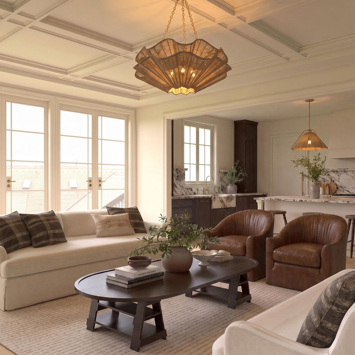 A transitional living room with the Andorra Extra Large Chandelier 44 inch in natural jute and gold leaf along a white coffered ceiling above leather armchairs.