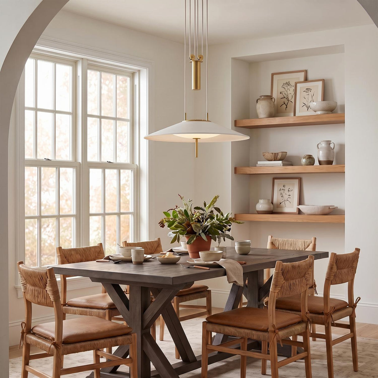 A contemporary dining room with the Elow Pull-Down LED Pendant 30 inch in matte white and aged brass hanging over a dark wood table and woven chairs.