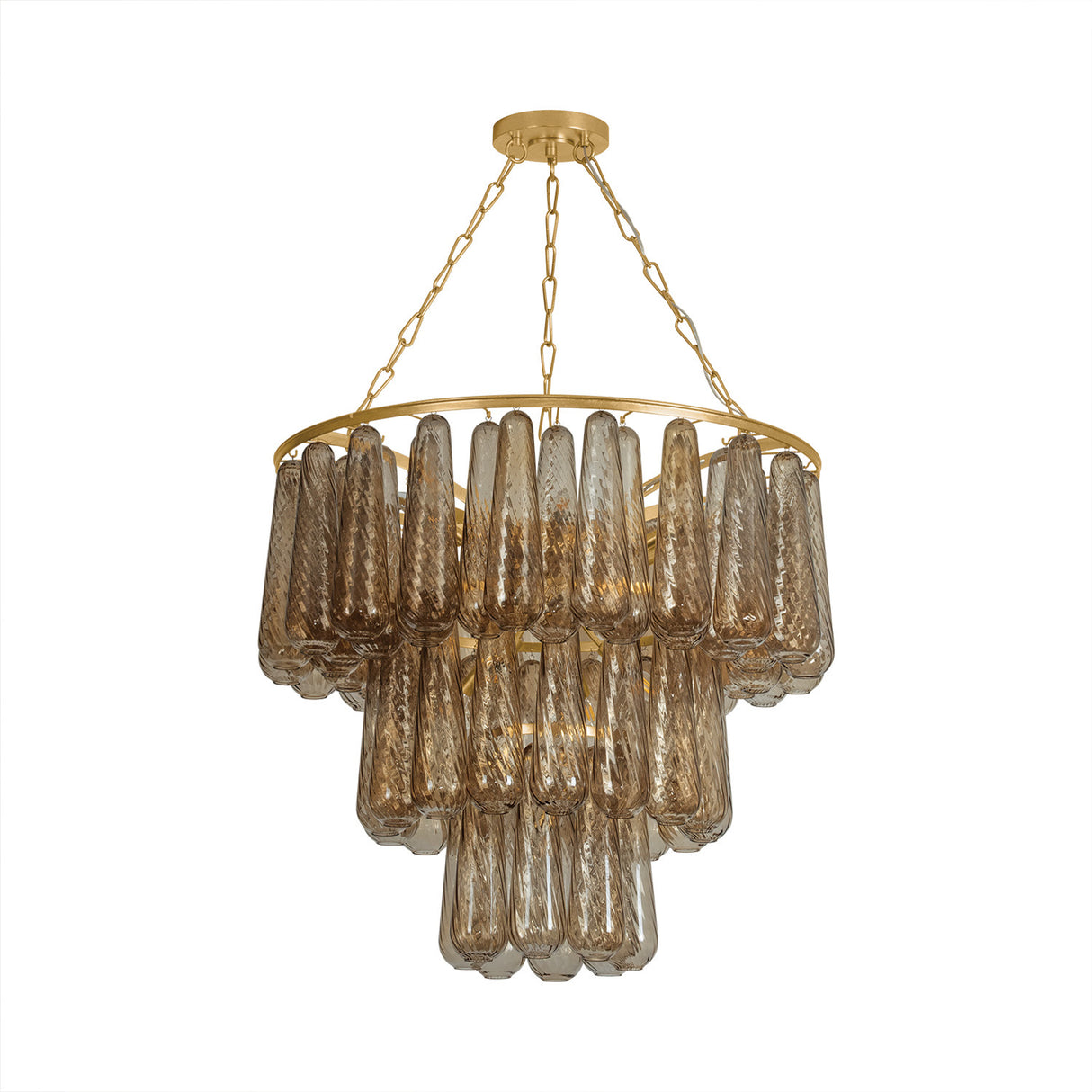 Petronella Three-Tier Chandelier 36", Gold Leaf and Smoke Taupe Swirled Glass