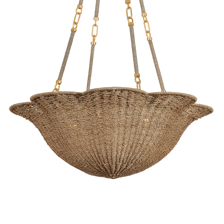 Candela Large Chandelier 28", Gold Leaf and Natural Jute