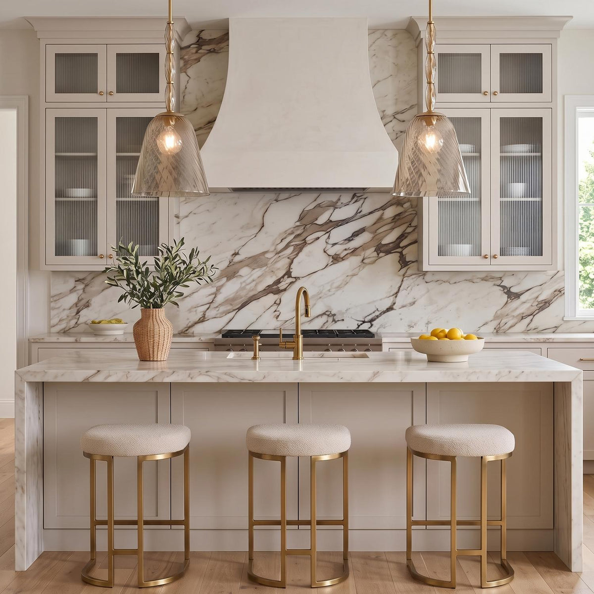 A transitional kitchen features two aged brass and smoke taupe glass pendants suspended over a marble waterfall island flanked by three brass barstools.