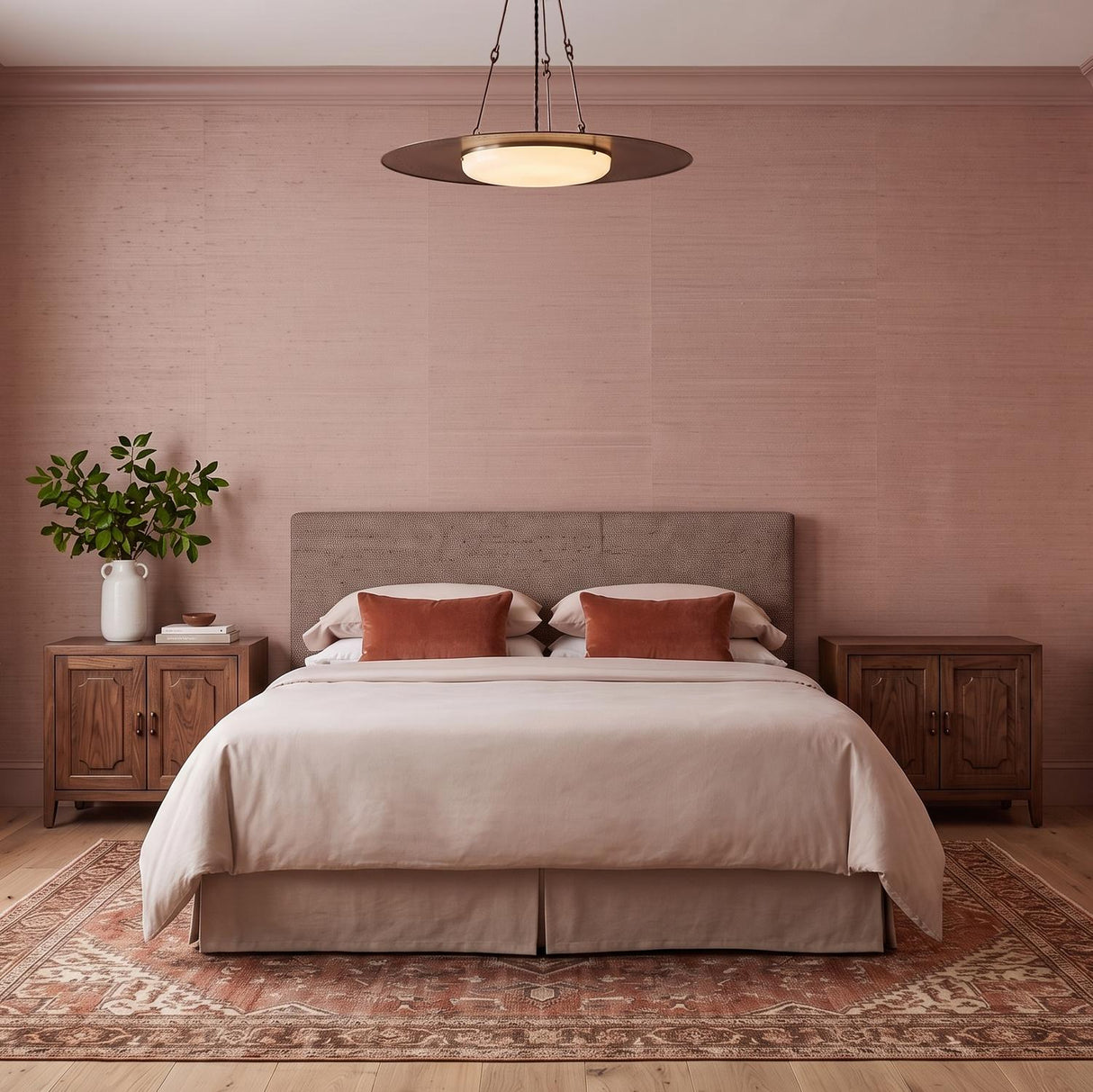 A contemporary bedroom featuring the Colburn Extra Large LED Pendant 40 inch in Vintage Bronze centered over a bed with pink grasscloth walls and wood bedside cabinets.
