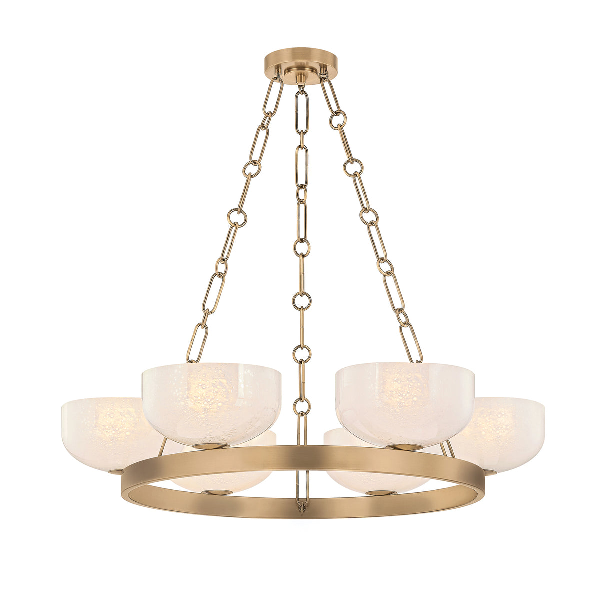 Halcyon 6 Light Chandelier 32", Patina Brass and Seeded Cloud Glass