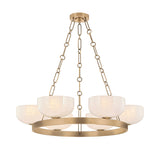 Halcyon 6 Light Chandelier 32", Patina Brass and Seeded Cloud Glass