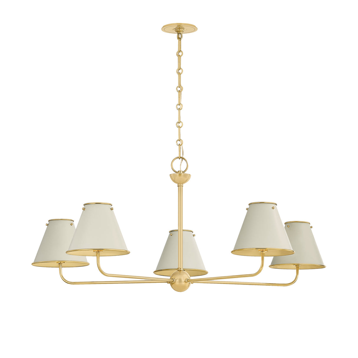 Chesterfield 5 Light Chandelier 43", Aged Brass and Off-White