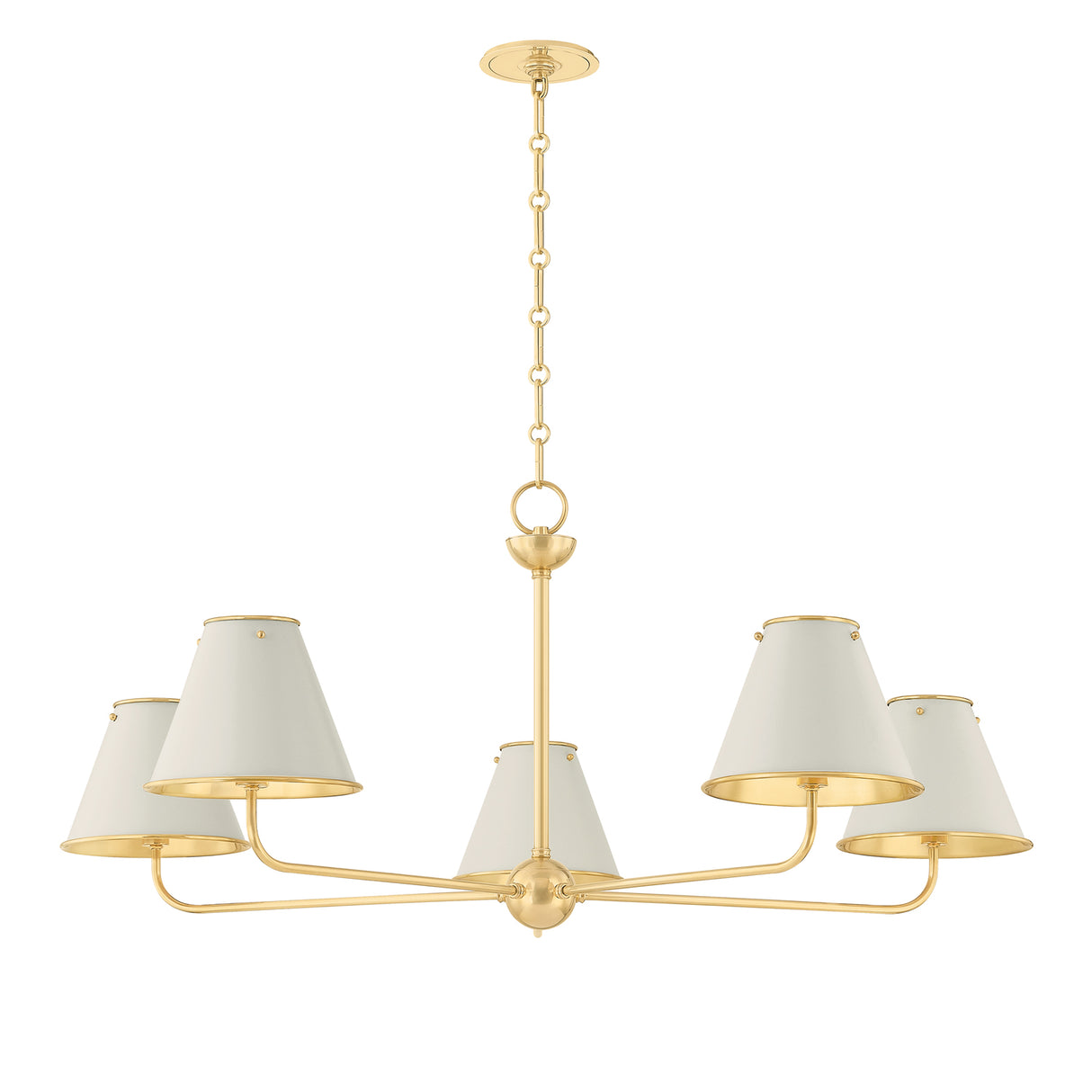 Chesterfield 5 Light Chandelier 43", Aged Brass and Off-White