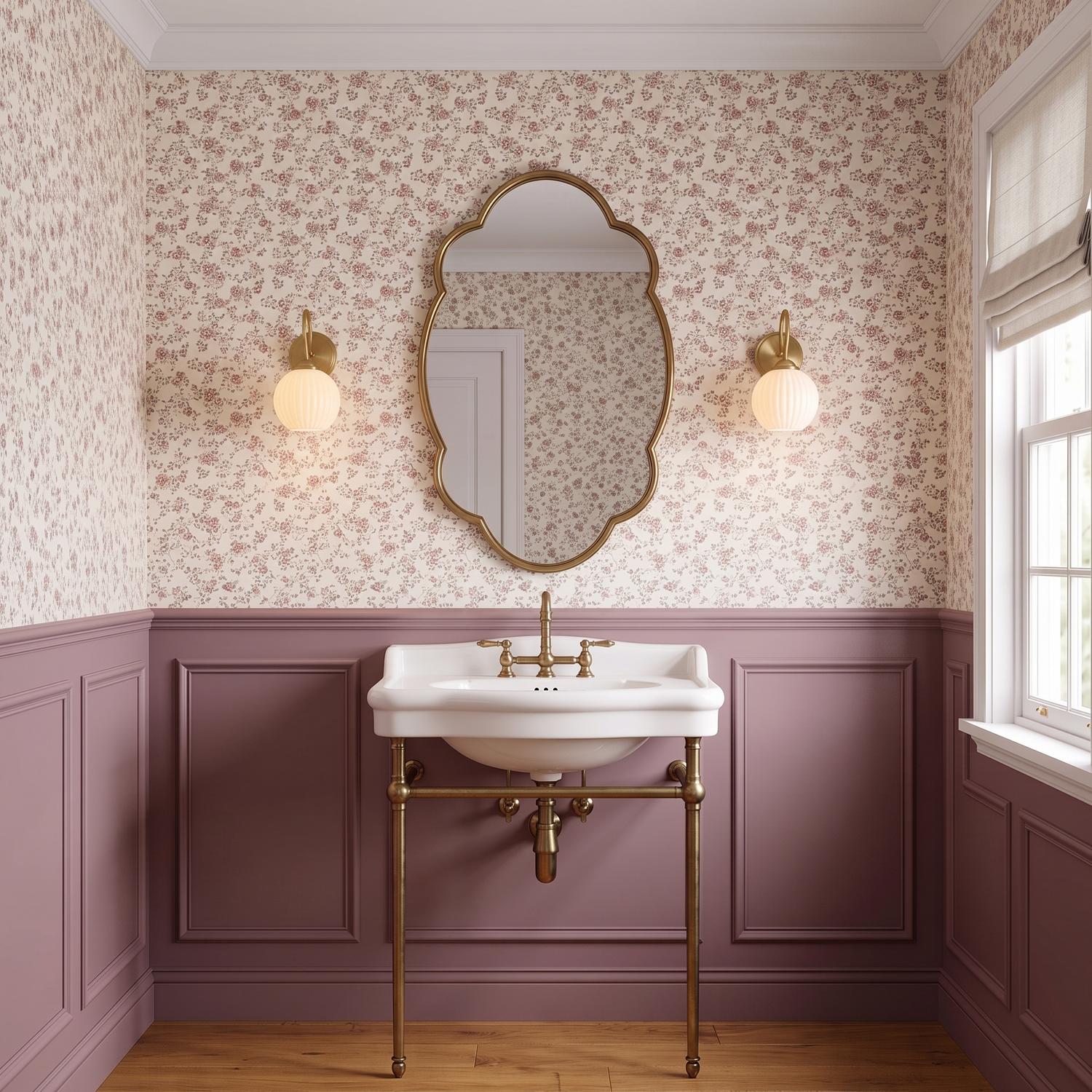 A traditional bathroom with two patina brass and fluted milk glass wall sconces flanking a scalloped mirror above a white console sink and mauve floral wallpaper.