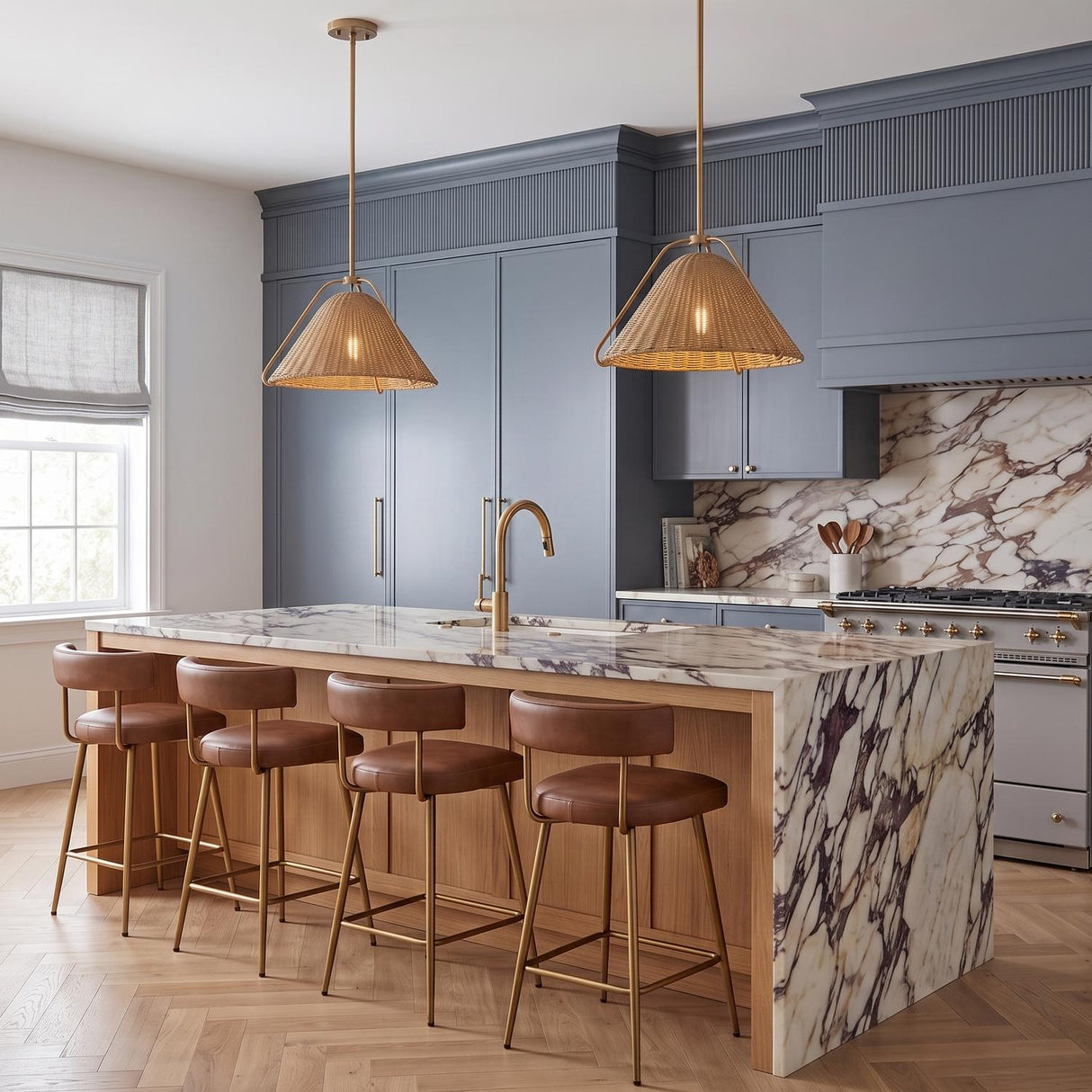 A transitional kitchen with two Gwenneth Medium Pendants in patina brass and rattan over a marble waterfall island with blue cabinetry and brown leather barstools.