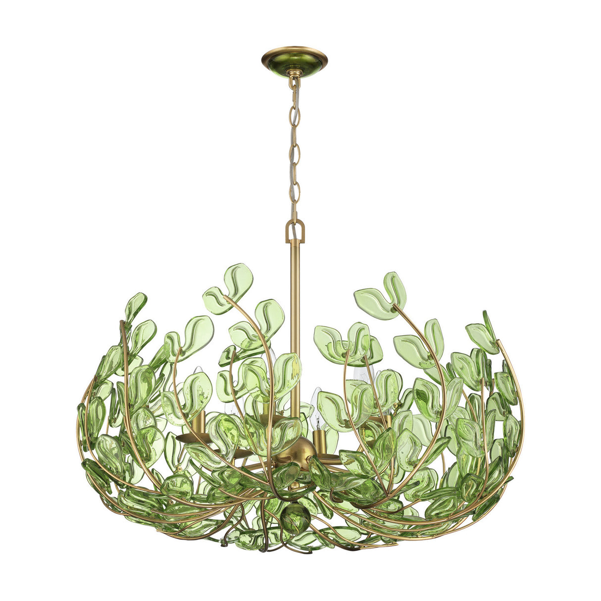 Esme Chandelier 29", Soft Brass and Green Glass