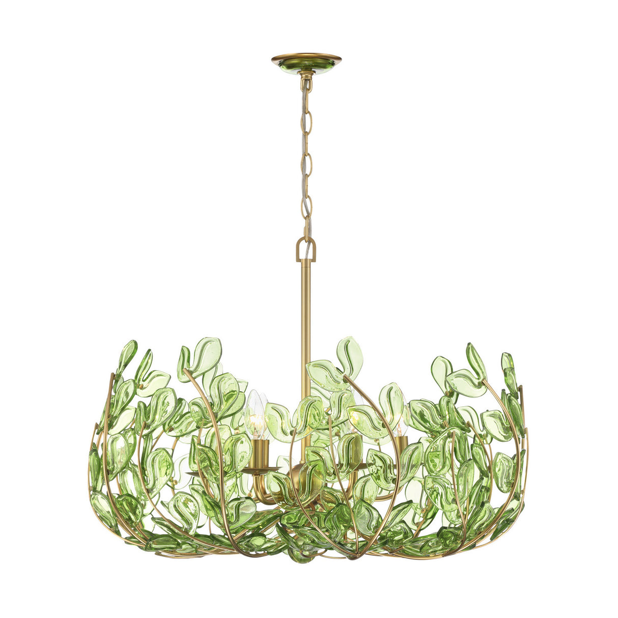 Esme Chandelier 29", Soft Brass and Green Glass