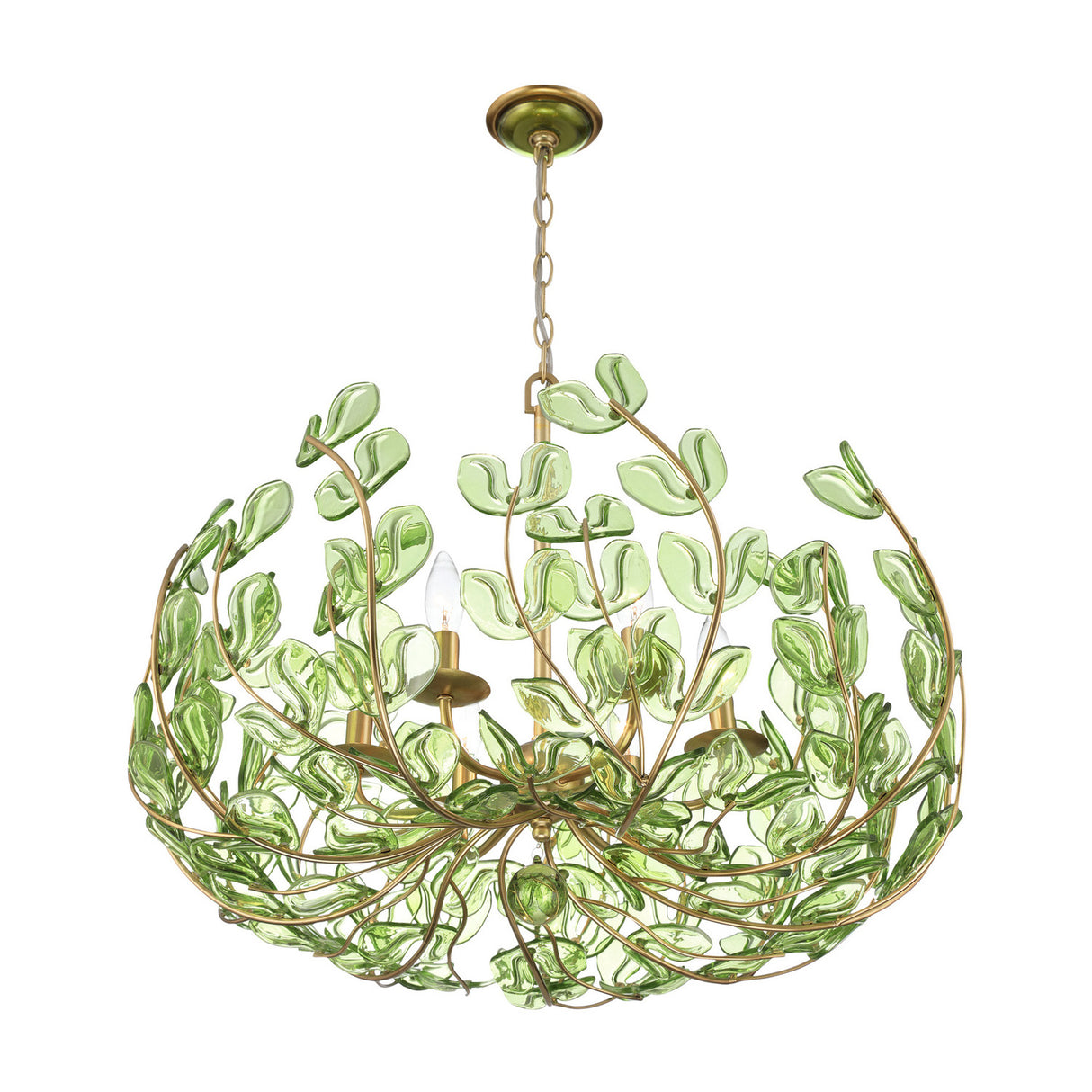 Esme Chandelier 29", Soft Brass and Green Glass