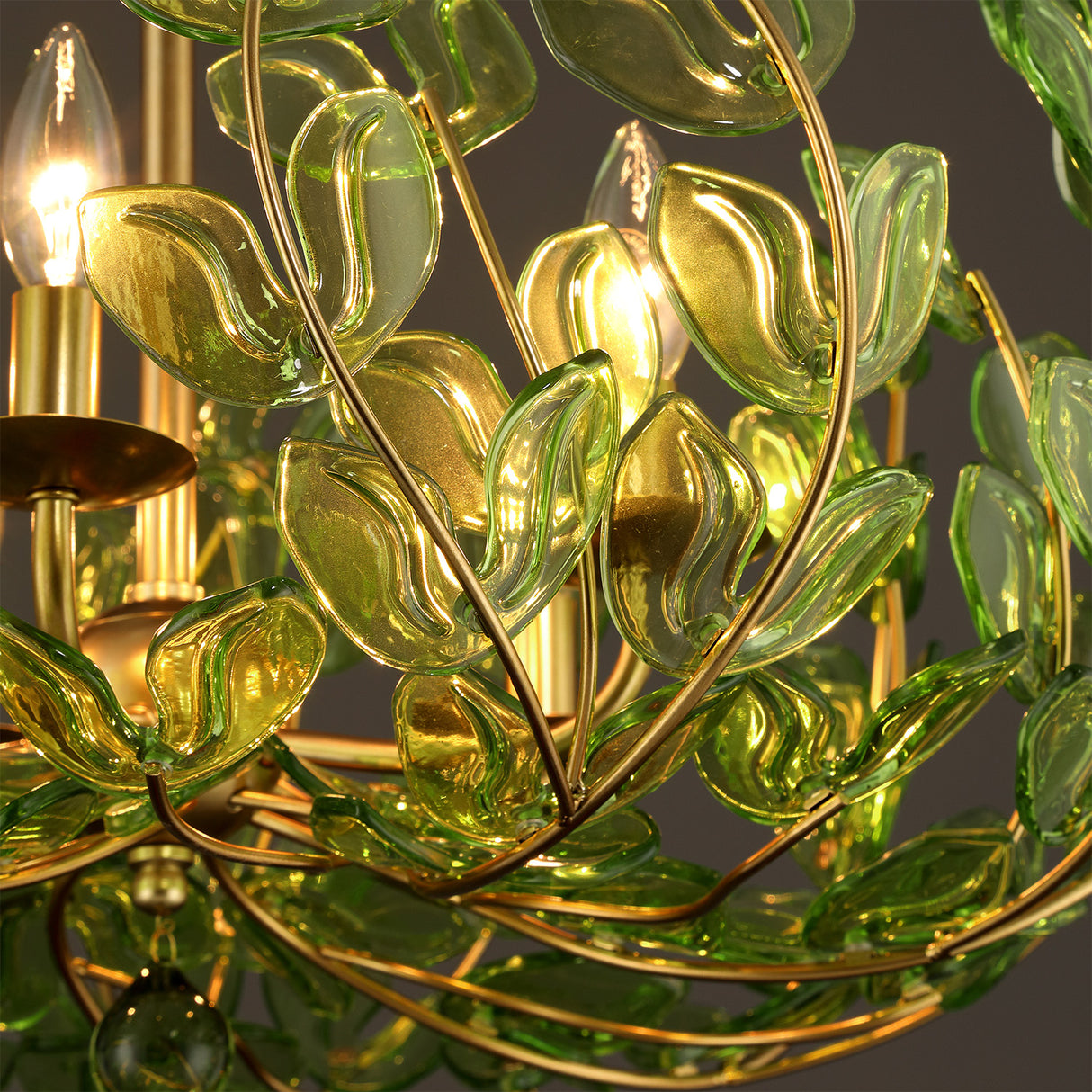 Esme Chandelier 29", Soft Brass and Green Glass