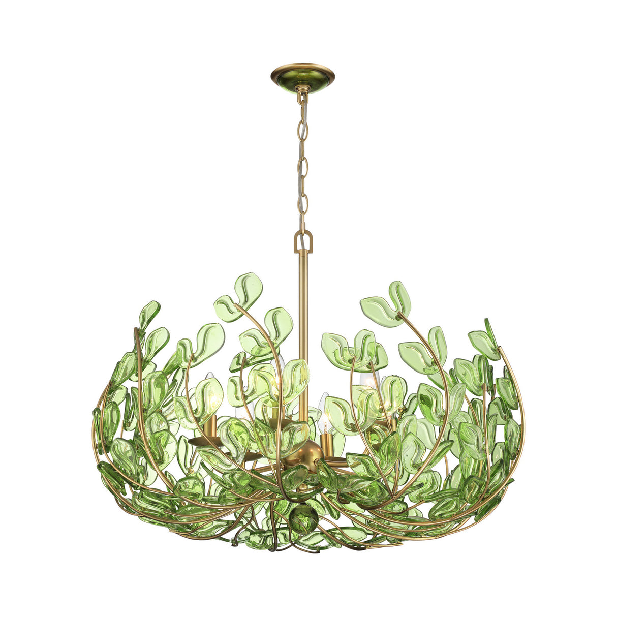 Esme Chandelier 29", Soft Brass and Green Glass