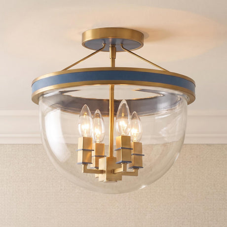 A transitional foyer with the Ramona Semi-Flush 13", Brass and Vintage Blue mounted on the ceiling center against textured beige wallpaper and white molding.