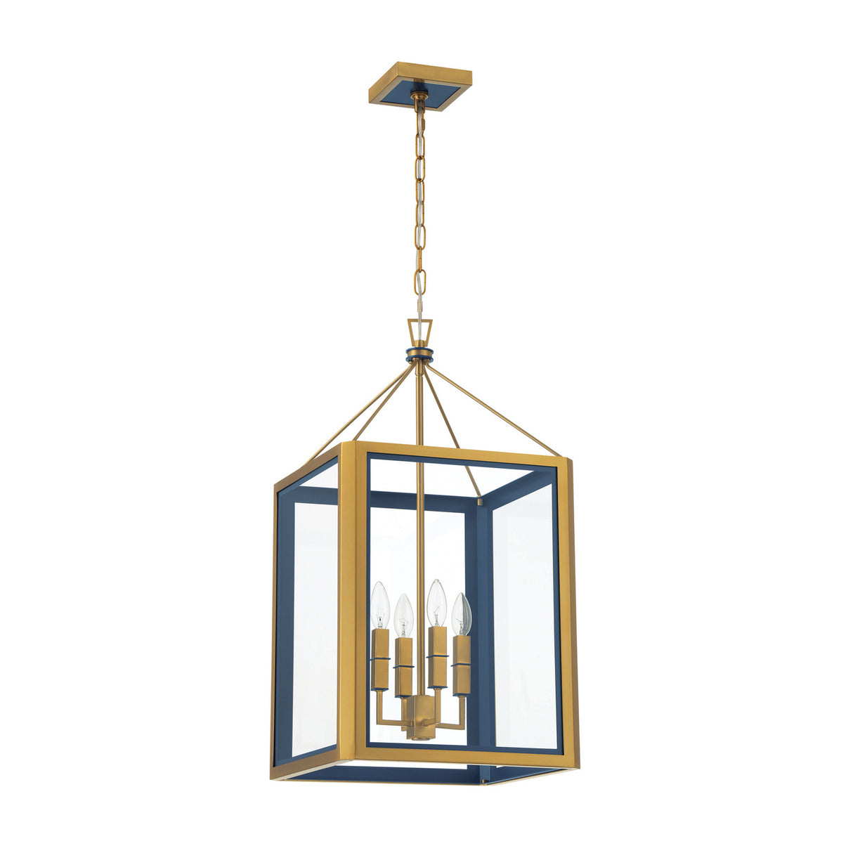Ramona Medium Lantern Pendant 15", Brass and Vintage Blue