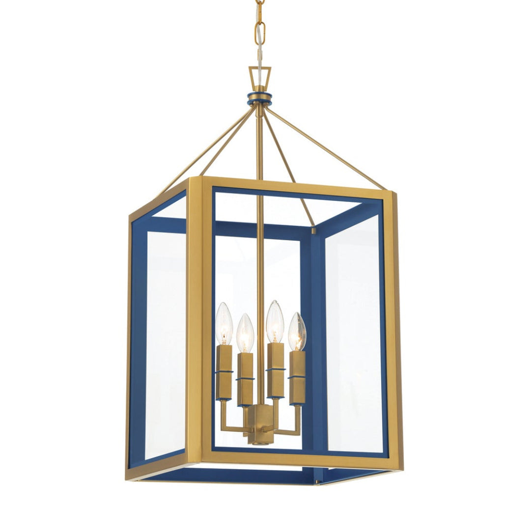 Ramona Medium Lantern Pendant 15", Brass and Vintage Blue
