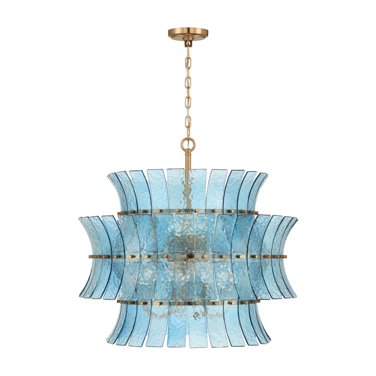 Brielle 8 Light Chandelier 28", Blue Art Glass with Aged Brass