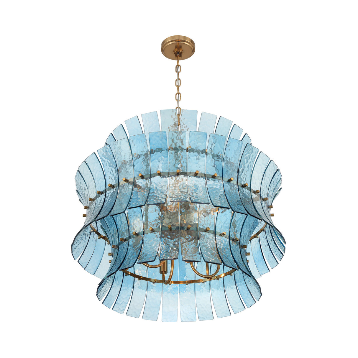 Brielle 8 Light Chandelier 28", Blue Art Glass with Aged Brass