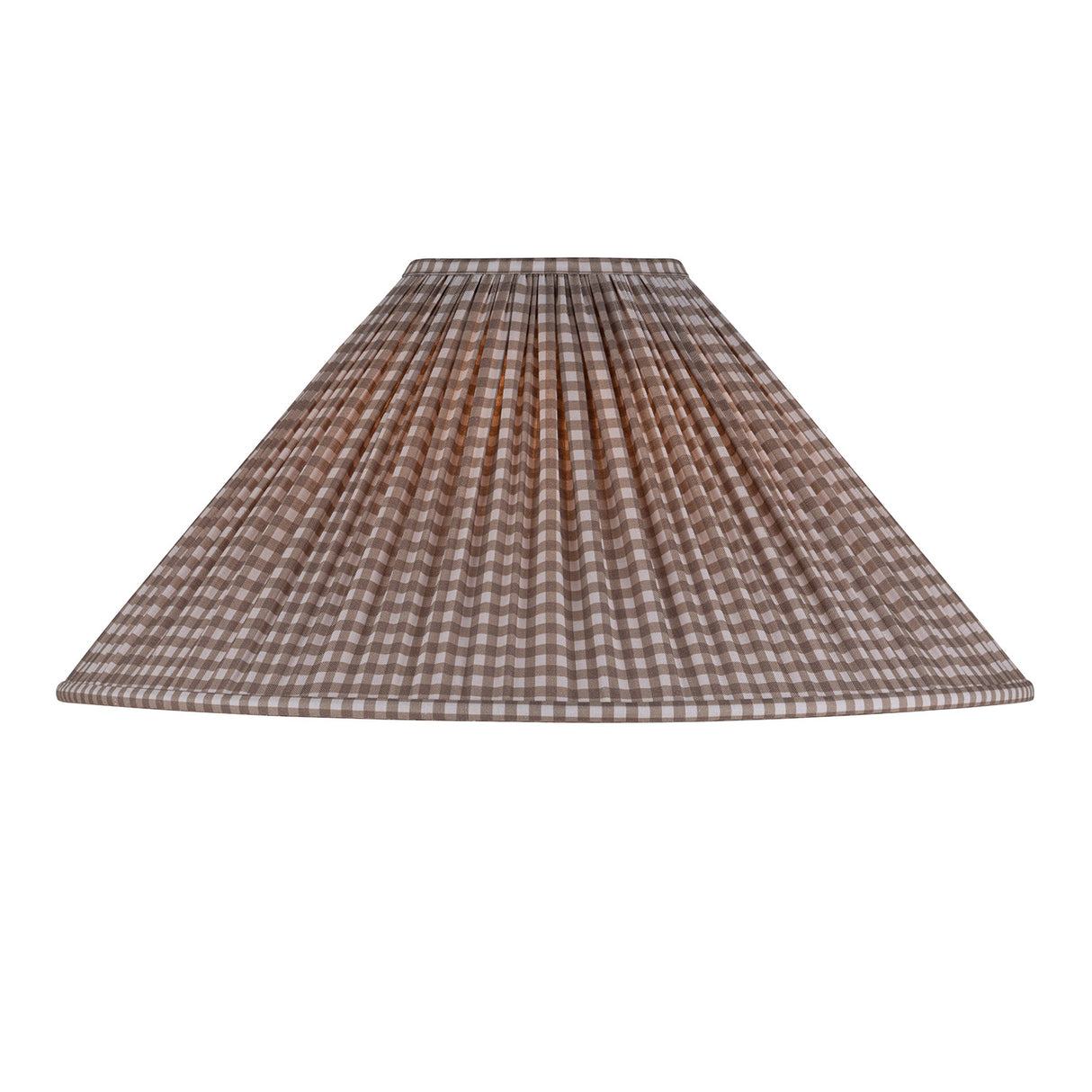 A pleated fabric lampshade with a brown and beige gingham checkered pattern, shown against a plain white background.