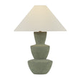 Andrea modern table lamp with a three-tiered stacked ceramic base in a muted moss green color and a tapered off-white fabric shade.