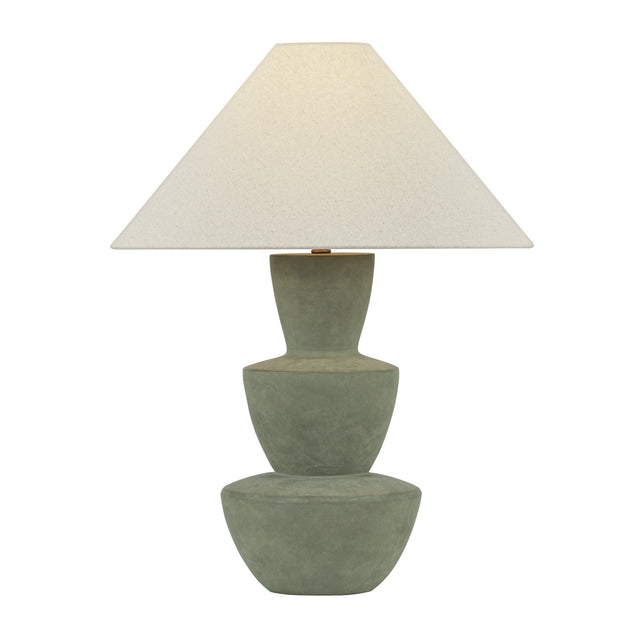 Andrea modern table lamp with a three-tiered stacked ceramic base in a muted moss green color and a tapered off-white fabric shade.